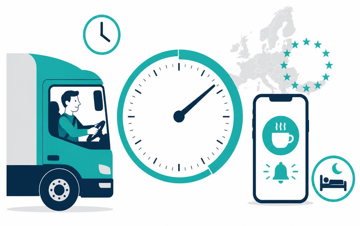 Illustration of a truck driver at the wheel beside a large countdown dial and a phone showing a break alert, with rest and clock icons
