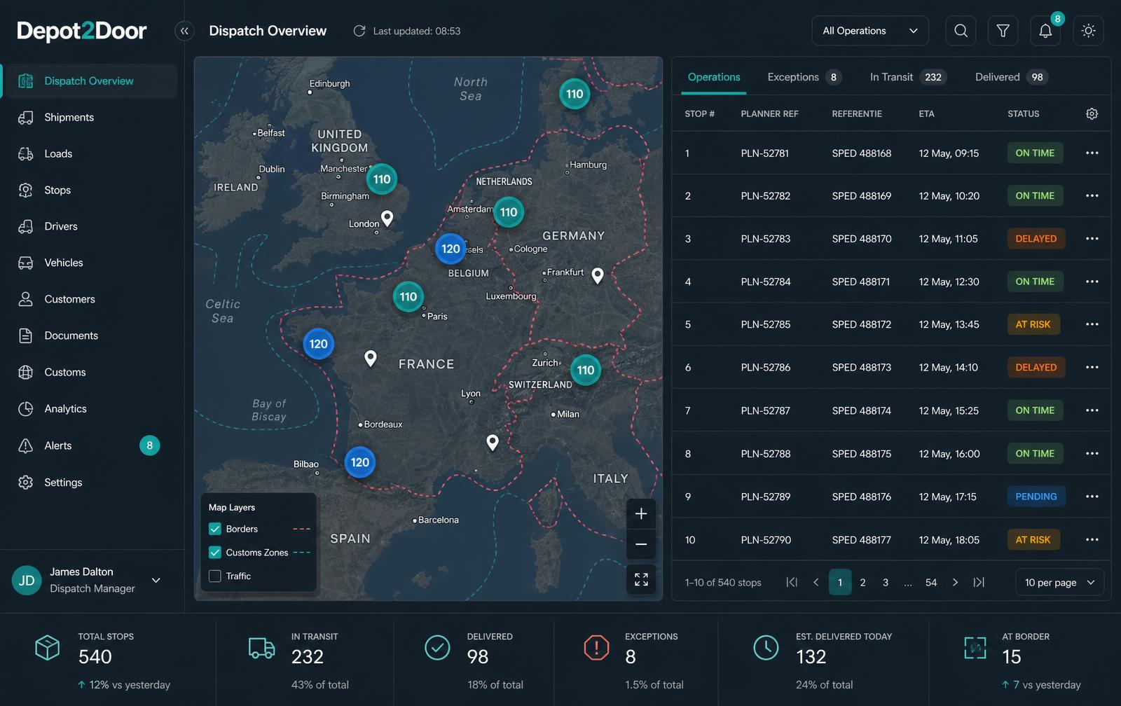 Depot2Door dispatcher dashboard with a live clustered map and synced operations grid