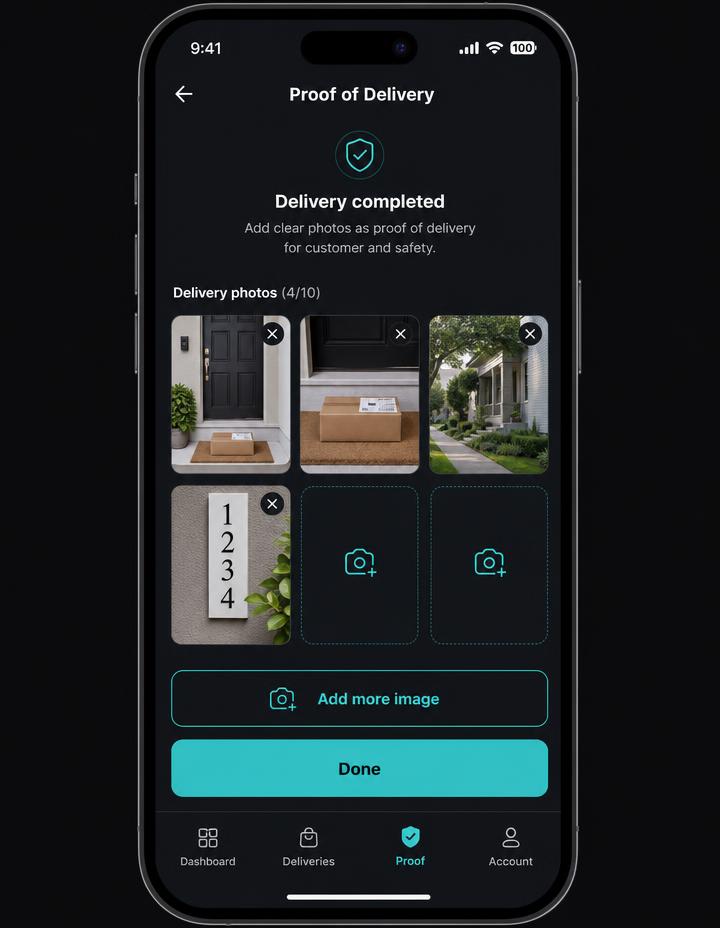 Driver app proof-of-delivery screen showing captured photos with Add more image and Done buttons
