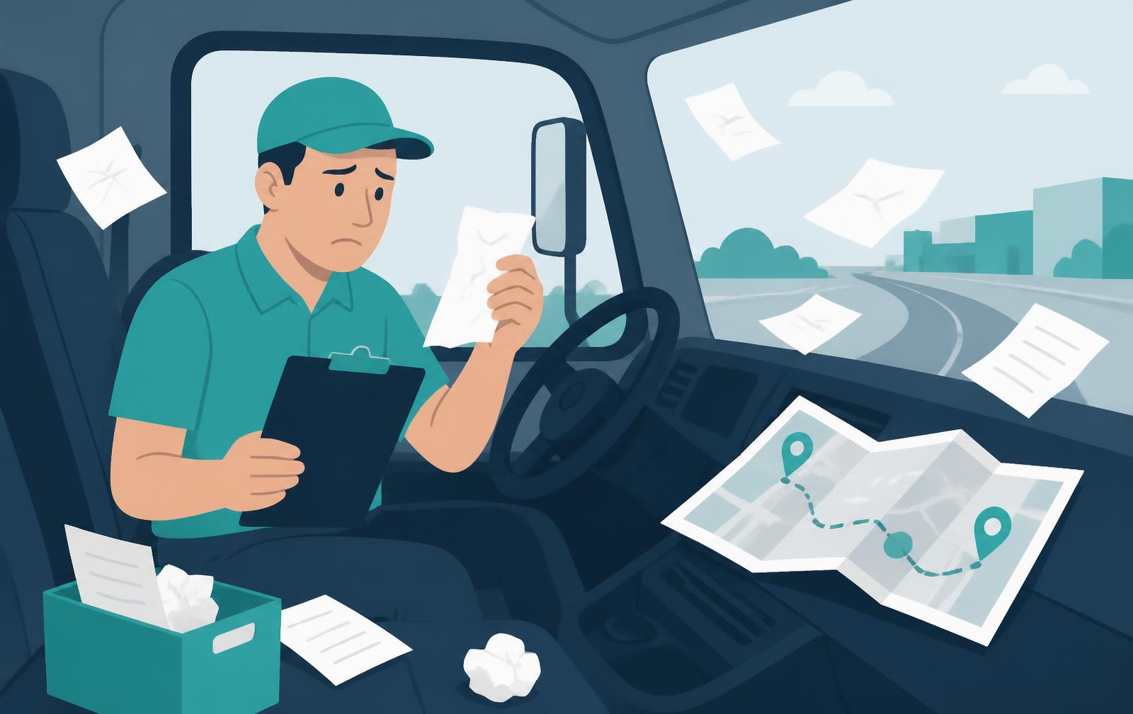 Flat-vector illustration of a truck driver in a cab holding a crumpled paper delivery note while loose paper manifests fly around the dashboard